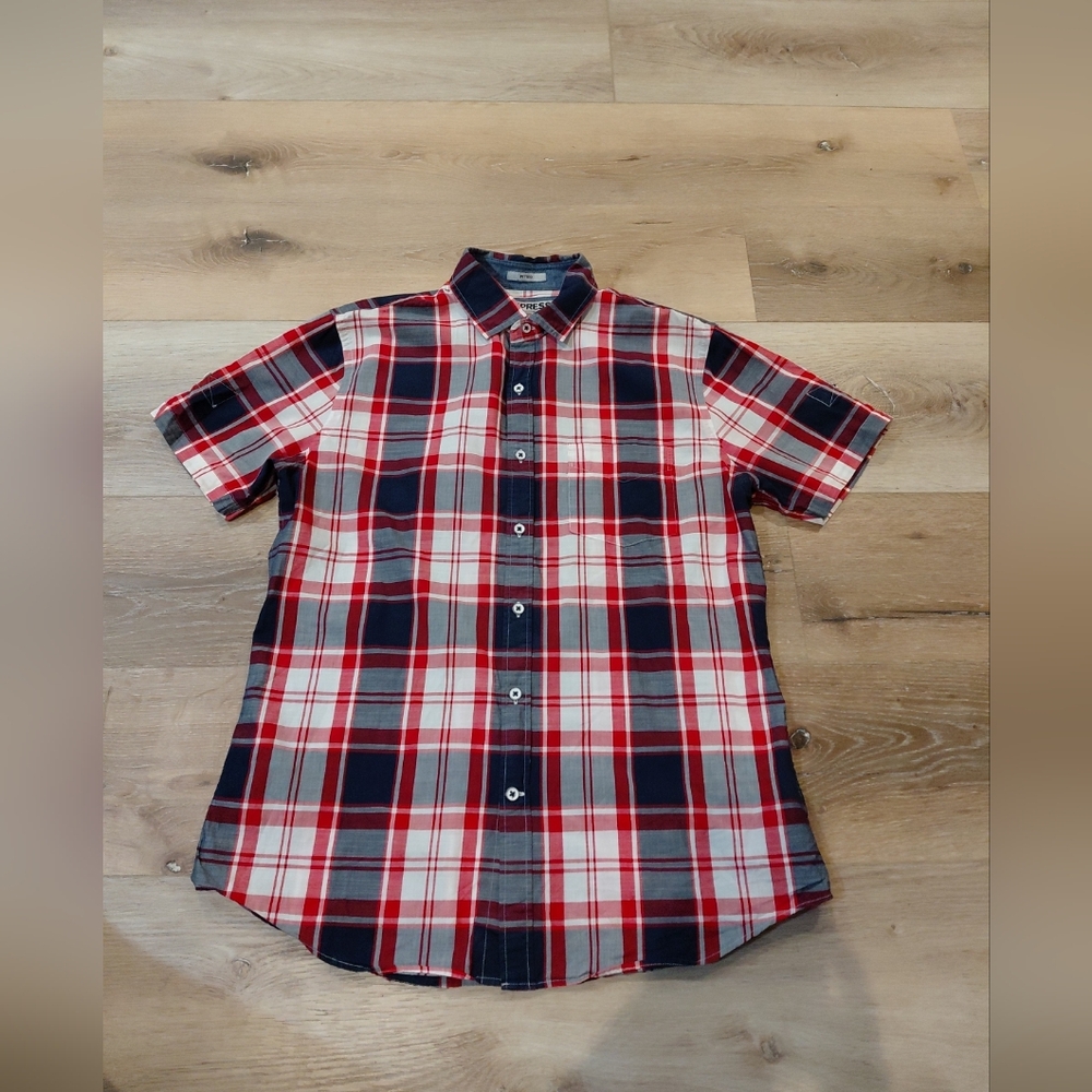 Express Red and Blue Plaid Casual Shirt Short Sleeve Sz M 15-151/2